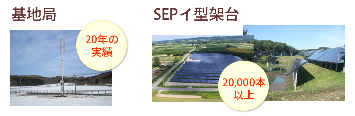 無線基地局は20年以上の実績、太陽光発電施設架台「SEPイ型架台」は20,000本以上の施工を予定しております。